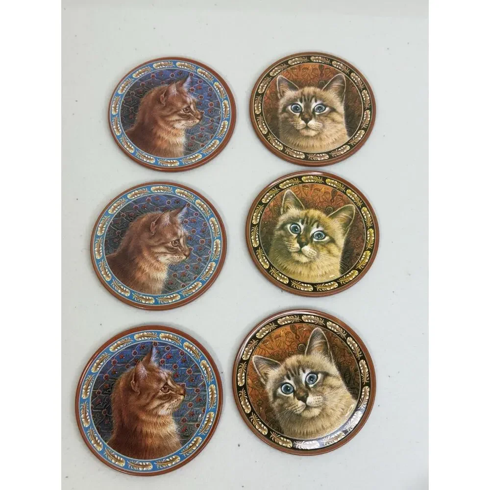Round Tin 6 Cork Back Tin Coasters Lesley Anne Ivory Mau Mau Cats Birds 90s VTG